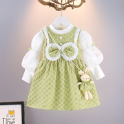 女童春秋装宝宝长袖洋气连衣裙时尚，套装婴儿绿色，公主裙韩系童装潮