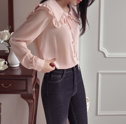 韩国衬衣 2023春装可爱少女感褶边大翻领系扣娃娃衫衬衫