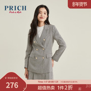PRICH西装设计感经典复古格子双排扣气质百搭通勤西服外套女