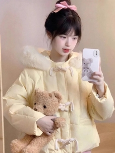 奶黄色连帽棉服外套，女冬季小个子短款加厚保暖面包服棉衣棉袄