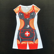 欧美街头潮趣3D立体仿真印花长款短袖T恤夏季性感美女护士针织