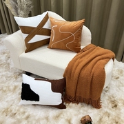 居家沙发飘窗样板房橘咖色轻奢后现代刺绣混纺拼接抱枕针织搭巾组