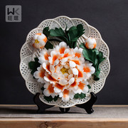 洛阳牡丹花陶瓷花盘 艺术花卉挂盘工艺 结婚创意客厅装饰摆件