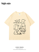 日系可爱狗狗涂鸦卡通，印花短袖t恤女奶黄色纯棉上衣2024夏季