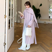 高级感紫色围巾领双面羊绒，大衣女秋冬2023长款羊毛呢子厚外套