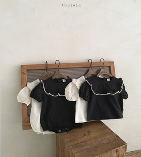 韩版ins款婴儿女宝宝，荷叶边爬服连体衣泡泡袖，洋气黑色上衣短裤