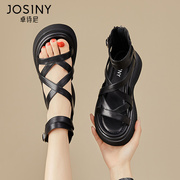 卓诗尼厚底凉鞋女士黑色，夏季2024年时装，粗跟绑带罗马高跟鞋女靴子