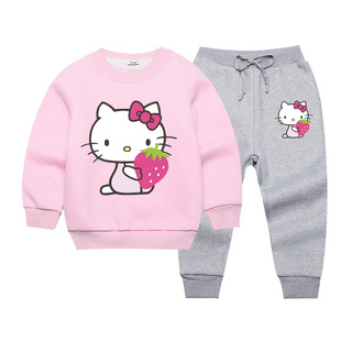 凯蒂猫童装女童冬装套装2021卡通宝宝KT猫衣服加绒卫衣两件套