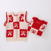 女童毛衣背心韩版儿童羊绒衫圆领套头宝宝马甲女童针织衫红色童装