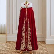 秀禾服披风红色新娘中式婚礼，毛披肩(毛披肩)斗篷保暖加厚毛领汉服披风