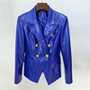 2024春欧美时尚狮子金属双排扣修身夹克西装外套女蓝色PU皮衣