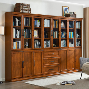 实木书柜储物收纳柜美式客厅满墙书橱玻璃门落地书架组合置物柜