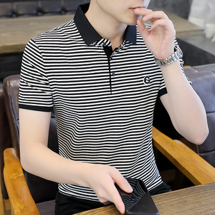 利郎男式黑白条纹polo衫夏季高端修身有带领短袖t恤纯棉半袖夏天