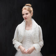 新娘婚纱毛披肩(毛披肩)冬季女结婚2018款保暖皮草，白红色(白红色)长袖大码礼服外套