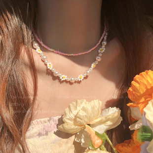 甜美少女~粉色串珠，花朵双层项链，夏2024年配饰森系气质锁骨链