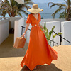 橙色V领连衣裙女夏泡泡袖镂空露腰高级感海边度假海边氛围感长裙