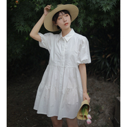 素集自制丨春夏法式少女尖领复古灯笼袖短款蛋糕裙纯棉白色衬衫裙