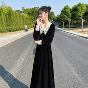 黑色金丝绒长袖连衣裙女2024春装收腰显瘦温，柔风气质复古长裙
