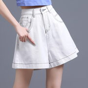 白色明线高腰牛仔短裤女夏季2024年宽松阔腿裤，三分裤显瘦热裤