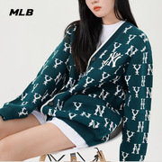 MLB针织衫女装2024春季V领休闲上衣绿色老花外搭开衫毛衣外套