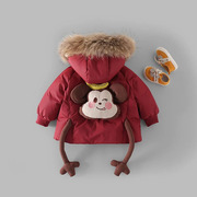 女童棉袄冬季保暖洋气加绒加厚连帽小毛领红色外套短款上衣潮服