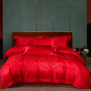 100s全棉大红色婚庆四件套，结婚床上用品纯棉提花，被套床单床盖款