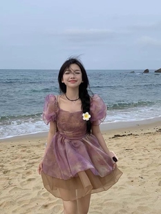 法式在逃公主蓬蓬连衣裙女夏季2023小个子方领泡泡袖紫色短裙