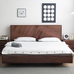 黑胡桃木床现代简约1.8米樱桃木实木床小户型白橡木2*2婚床大床