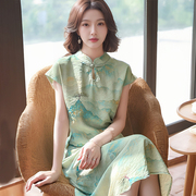 天丝棉新中式国风印花改良旗袍，2024夏季年轻款少女绿色连衣裙