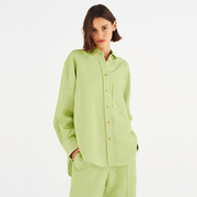 亚麻棉麻衬衫女长袖宽松廓形中长款果绿色纯色简约基础款叠穿衬衣