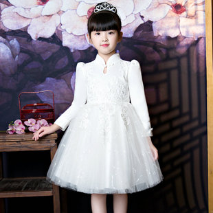 春秋冬女童中式白色婚纱裙，蓬蓬连衣裙演出礼，服装儿童旗袍公主裙子