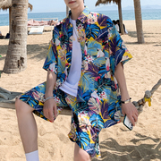 沙滩套装男速干夏季冰丝，短袖衬衫潮流大码花色短裤情侣搭配两件套