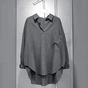 深灰色高级质感衬衫女2023秋季小众中长款大码蝙蝠袖宽松外套