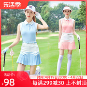 高尔夫球女士短无袖背心T恤弹力速干POLO翻领运动粉蓝色上衣服装