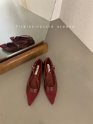 气质红色鞋设计感小众2023春秋软底尖头低跟玛丽珍女鞋