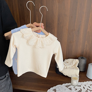 1-5岁女宝宝秋冬装蕾丝花边领t恤女婴儿童，2023女童加绒打底衫