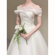 春季出门轻新娘，结婚礼服大码简约白色一字，肩绑带齐地款婚纱