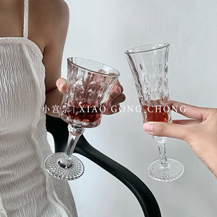 小众复古ins风钻石浮雕高脚杯高颜值玻璃杯香槟杯红酒杯法式杯子