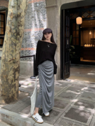 辰米范 高腰针织半身裙女秋季2023设计感褶皱显瘦开叉裙子