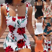 亚马逊速卖通女装夏季吊带印花花色一字领抹胸收腰紧身连衣裙