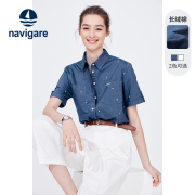 纯棉Navigare意大利小帆船蓝色短袖衬衫女夏季宽松印花衬衣外套