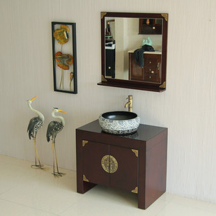 新中式浴室柜小户型台上盆，橡木实木落地式卫浴，茶水柜洗漱台洗手盆