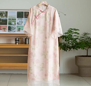 18482中国风立领盘扣改良旗袍裙子双层气质显瘦天丝麻中袖连衣裙