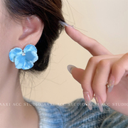 蓝色花朵耳环少女夏季小众设计感甜美复古独特耳饰无耳洞耳夹