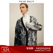 YLLE ELLY/衣衫妙影黑白提花艺术撞色绵羊毛马海毛针织开衫