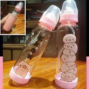 猪猪可爱带盖细长玻璃水杯子学生少女心卡通韩版奶嘴杯带吸管礼物