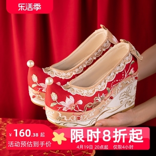 秀禾婚鞋女中式古风婚鞋坡跟，10cm增高绑带，改良唐风翘头刺绣汉服鞋