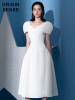 纯白色压褶大气美式V领经典简约白色A字大摆裙长款仙女白色小礼服