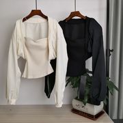 9968韩系温柔气质开叉抹胸短款小棒球服外套时尚设计感上衣两件套