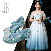 冰雪奇缘爱莎公主鞋2024女童洋气水晶鞋表演软底高跟鞋低跟皮鞋子